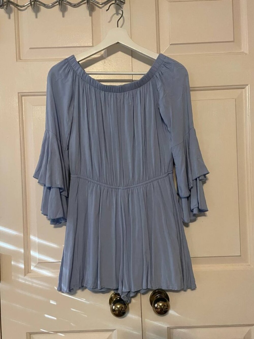 Altar’d state Light Blue Off Shoulder Ruffle Romper - Boho Chic Vibes S
